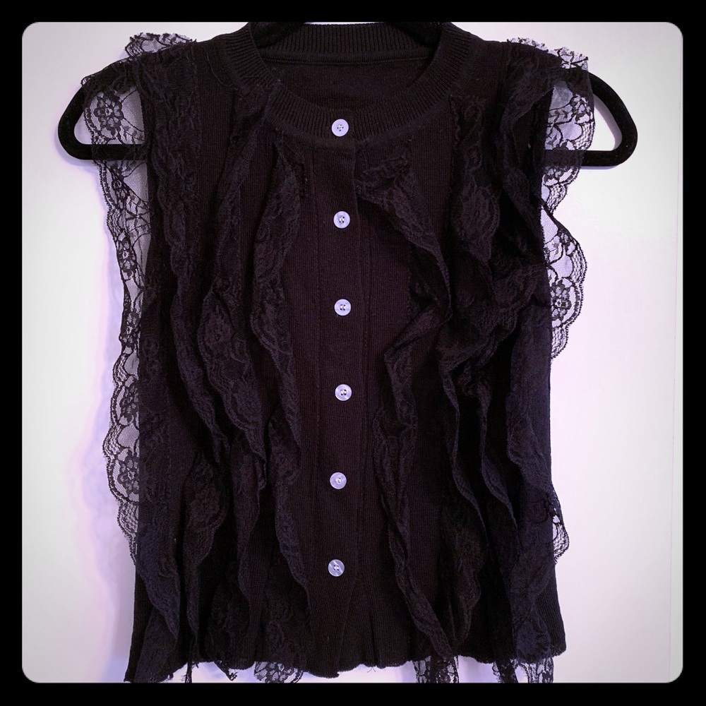 Sleeveless Cardigan w/ Laced Ruffles